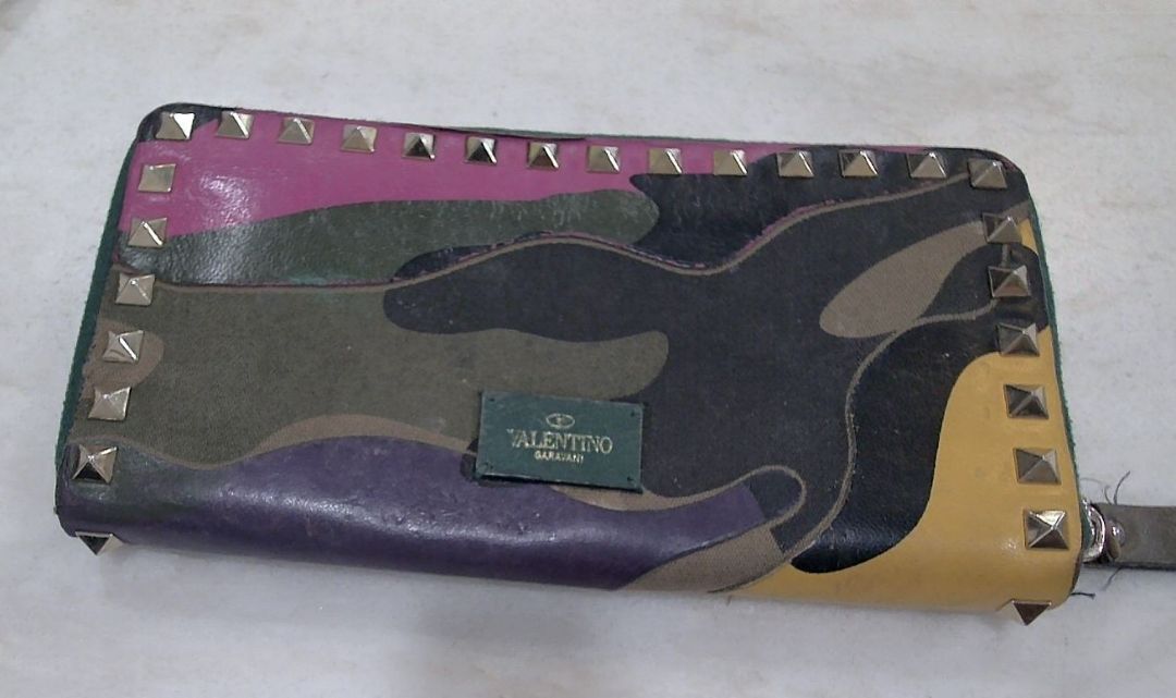 Valentino Garavani Multi-Color Leather and Canvas Camouflage Rockstud Zip Around Wallet