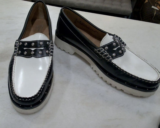 [Box in Back] G. H. Bass Weejuns Black White Whitney 90's Leather Stud Lug Sole, 7