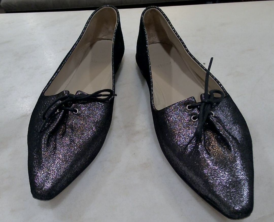 [Box in Back] Theory Pewter Metallic Pleated Ballet Flats, 7