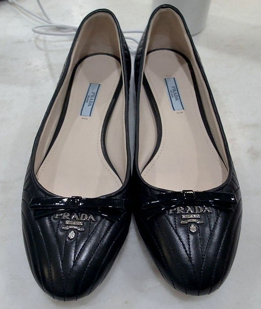 Prada Black Embellished Leather Ballerina Shoes, 39