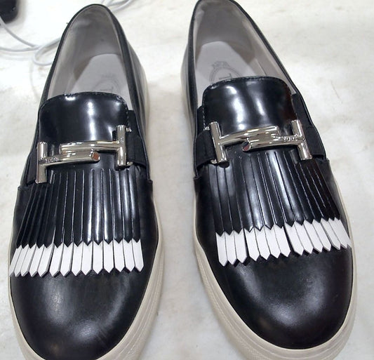 Tod's Black Frangia Leather Double T Fringe Shoes, 39