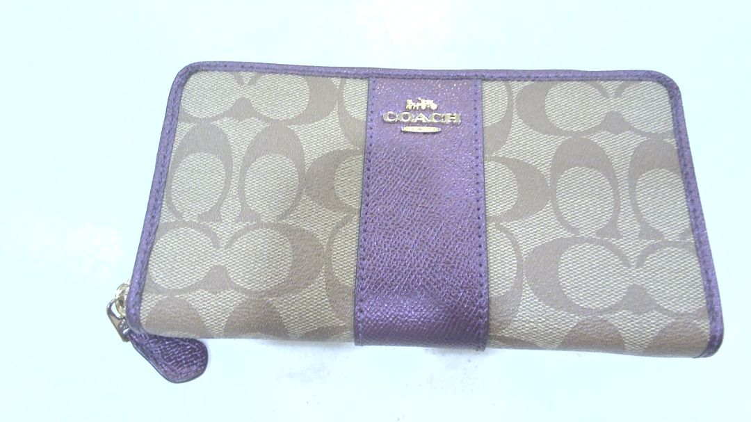Coach Tan Zip-Around Purple Stripe Wallet