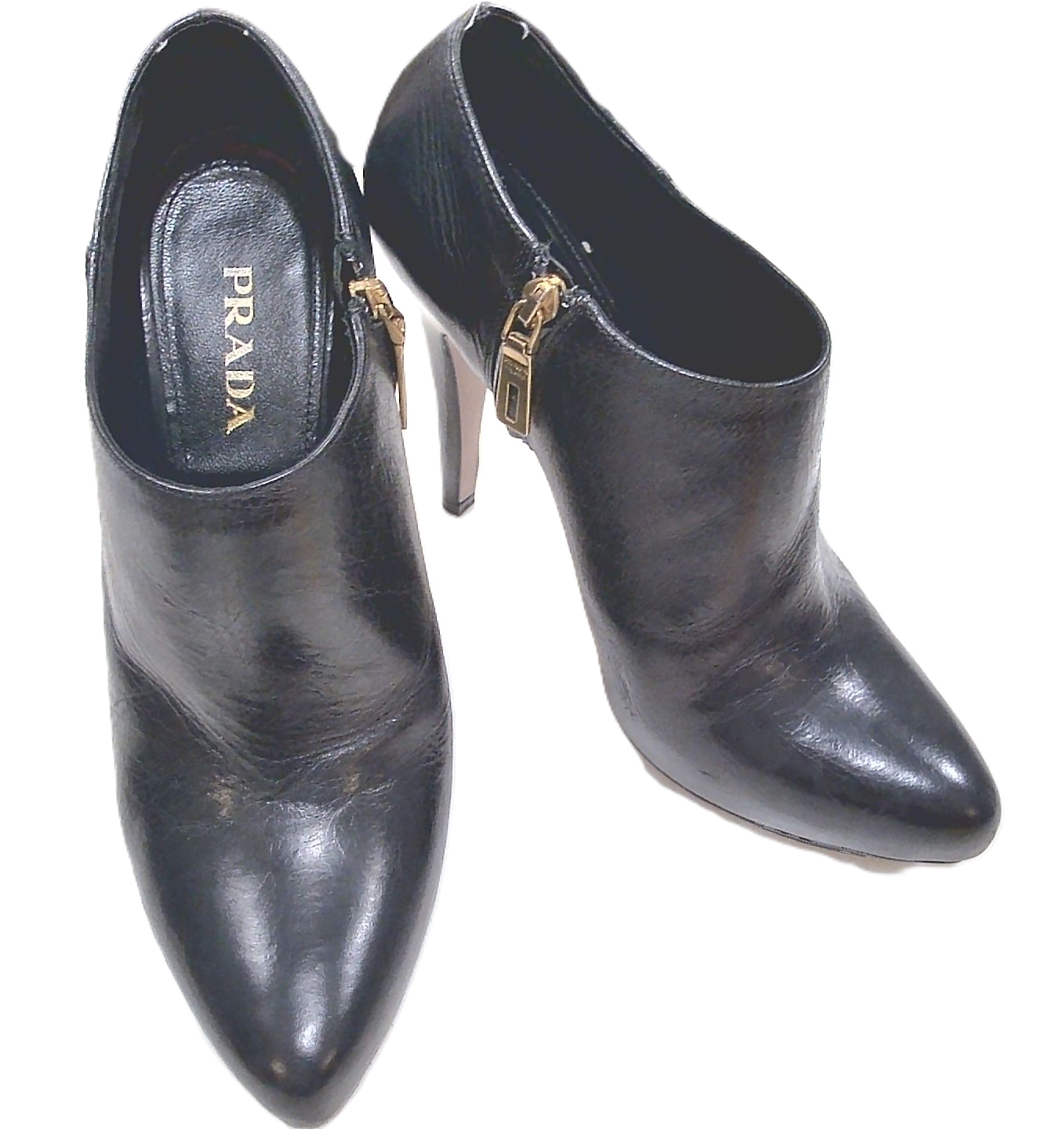 [Box above] Prada Black Calzature Donna Leather Heel Ankle Boots, 39