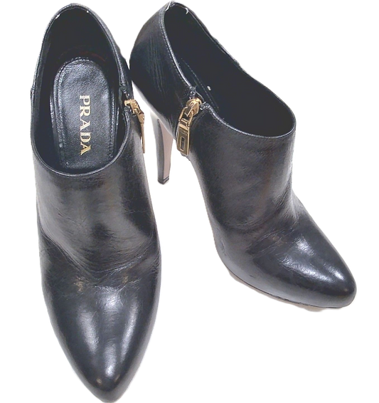 [Box above] Prada Black Calzature Donna Leather Heel Ankle Boots, 39