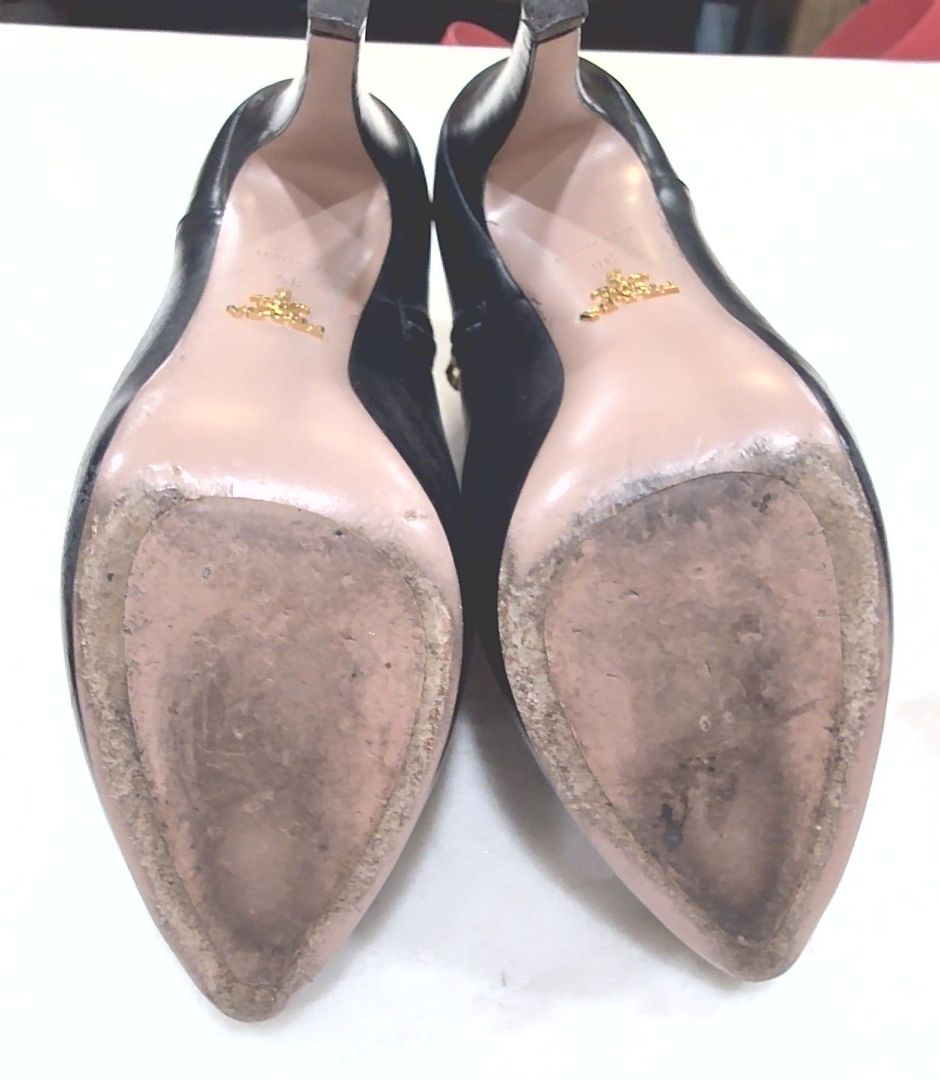 [Box above] Prada Black Calzature Donna Leather Heel Ankle Boots, 39