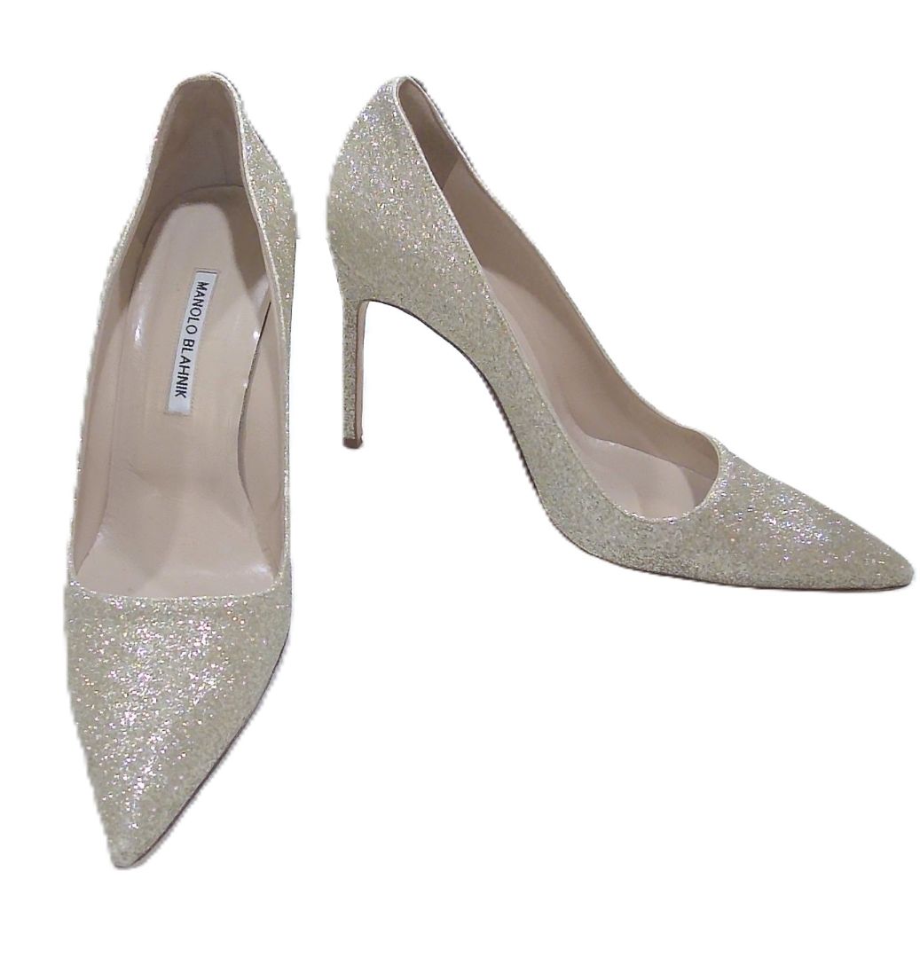 Manolo Blahnik Gold Metallic Glitter BB Pumps, 40