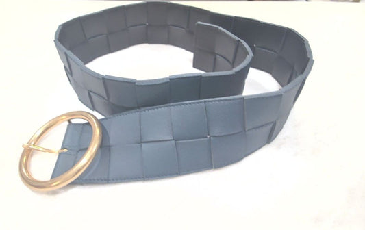 Bottega Veneta Dark Teal Intrecciato Leather Circular Wide Buckle Belt, S/M 32"