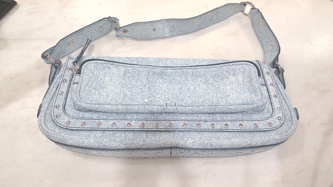 By Far Blue Maddy 100% Goat Skin Studded Shoulder Bag