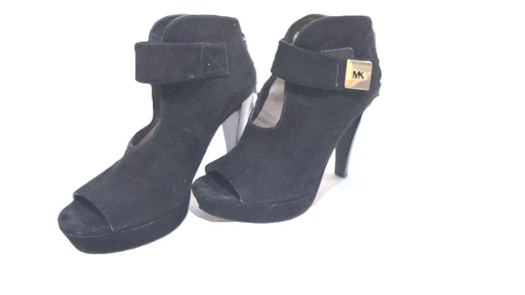 Michael Michael Kors Black Isabella Suede Logo Platform Peep Toe Heels Pumps, 6.5