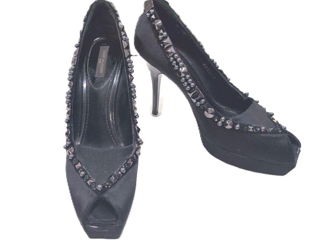 Louis Vuitton Black Peep Toe Black Satin Pearl Metallic Detail Heels, 36.5