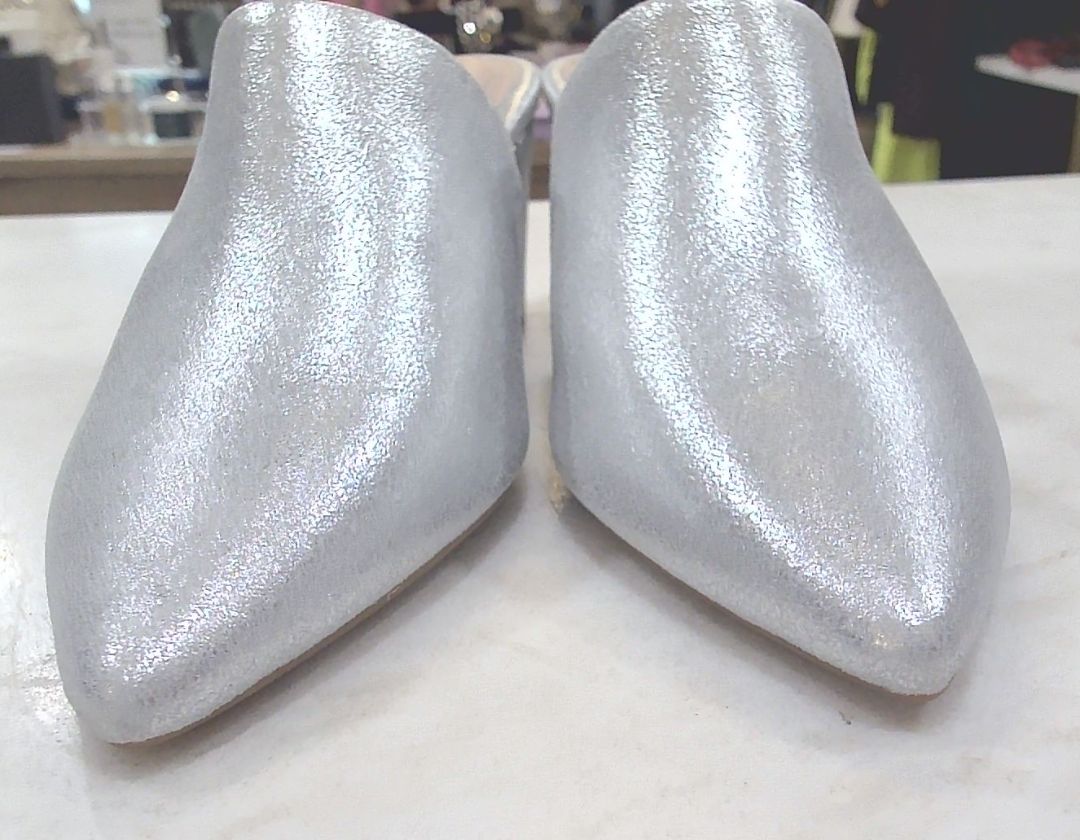 [Box Avail] Taryn Rose Silver Madisson Metallic Nappa NWT Slides, 6