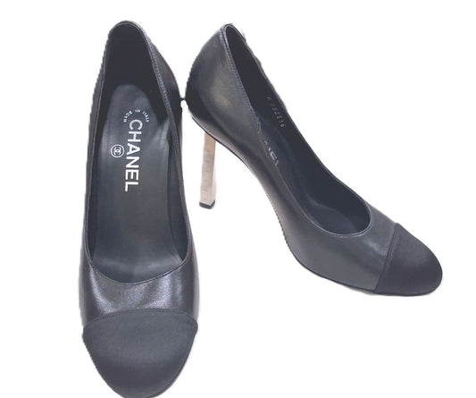 Chanel Black Leather Satin Cap Toe Metal Ruler Heels, 37
