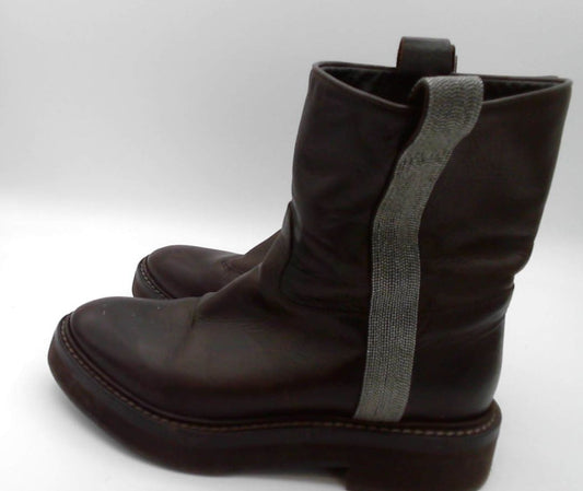 Brunello Cucinelli Dark Brown Bead-embellished Leather Pull-On Boots, 36.5