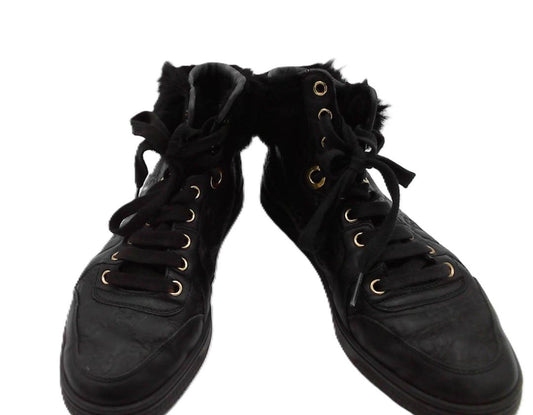 Gucci Black Guccissima Leather and Fur Trim Cada High Top Sneakers, 37