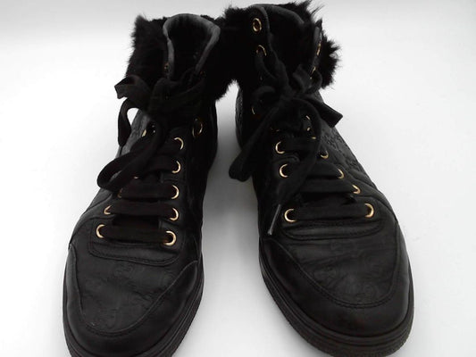 Gucci Black Guccissima Leather and Fur Trim Cada High Top Sneakers, 37