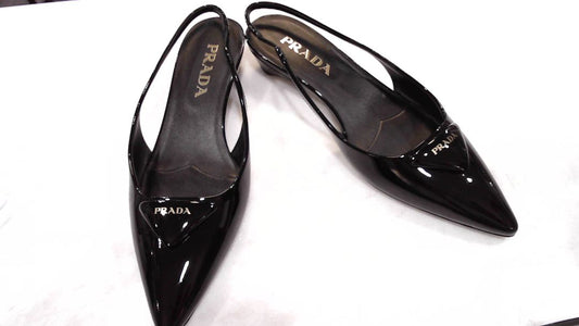 Prada Black Patent Leather Logo Slingbacks, 37