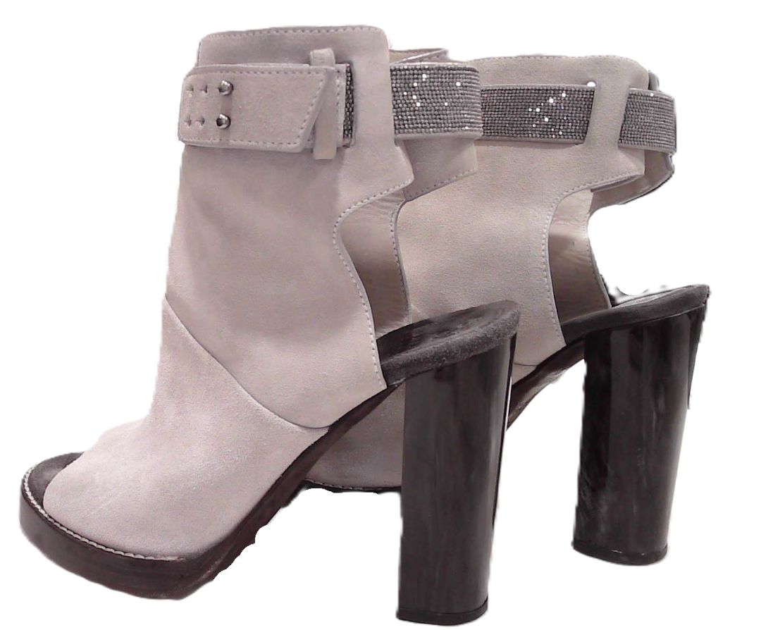 Brunello Cucinelli Taupe Suede Peep-Toe Monili Ankle Boots, 37.5