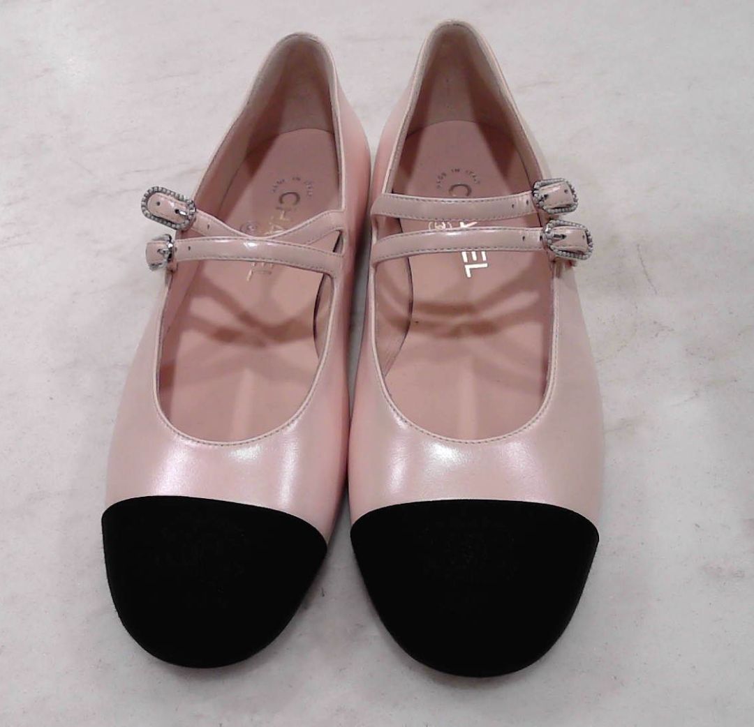 Chanel Pink Black Iridescent Pearl Pink Leather Double-Strap Mary Jane Flats, 39.5