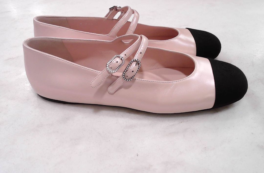 Chanel Pink Black Iridescent Pearl Pink Leather Double-Strap Mary Jane Flats, 39.5