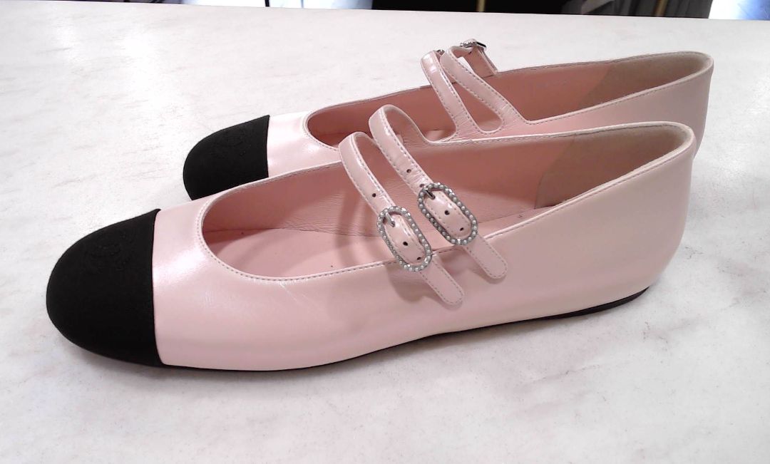 Chanel Pink Black Iridescent Pearl Pink Leather Double-Strap Mary Jane Flats, 39.5