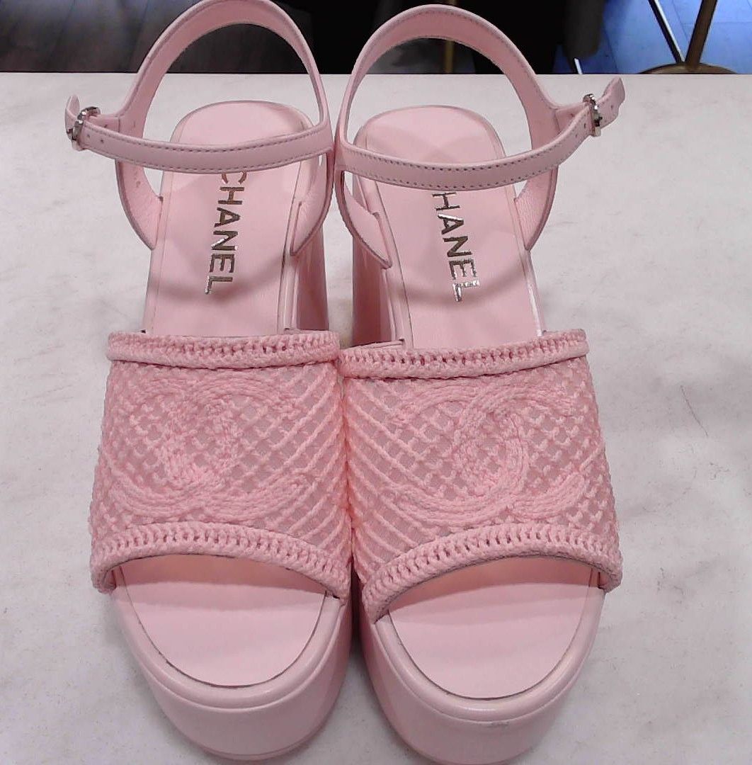 [Box above] Chanel Pink Fabric Calfskin CC Platform Sandals, 38.5