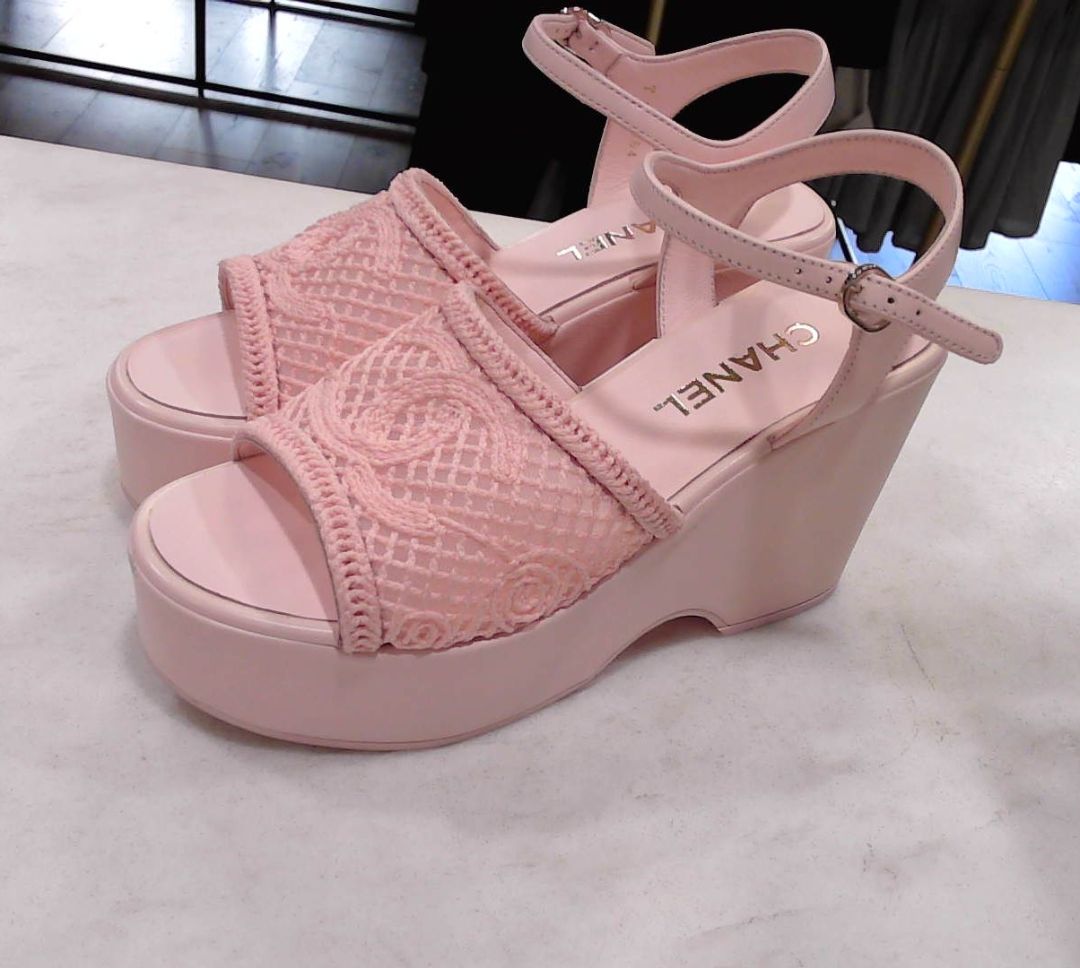 [Box above] Chanel Pink Fabric Calfskin CC Platform Sandals, 38.5