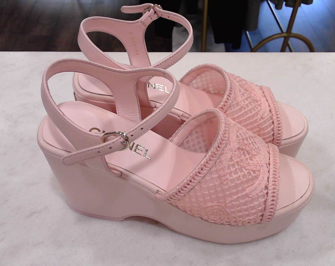 [Box above] Chanel Pink Fabric Calfskin CC Platform Sandals, 38.5
