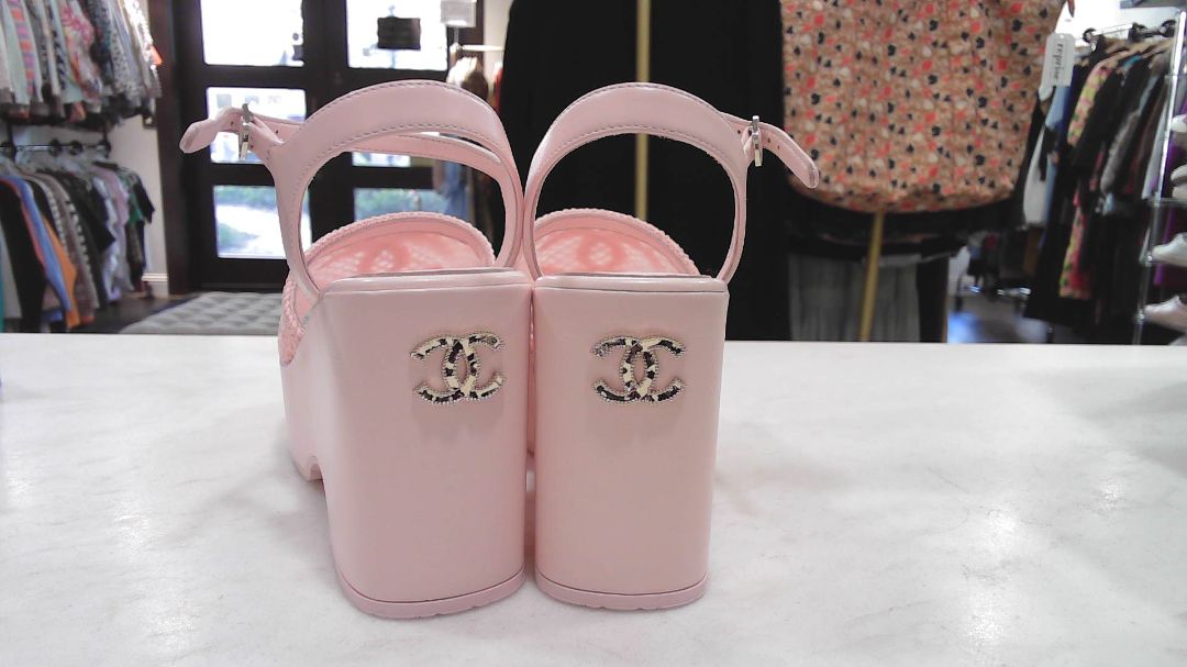 [Box above] Chanel Pink Fabric Calfskin CC Platform Sandals, 38.5