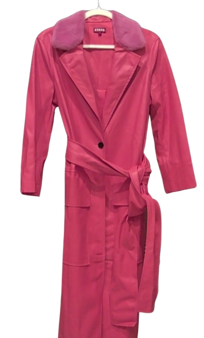 Staud Red Pink Ashley Vegan Leather Fuzzy Collar Trench Coat, S
