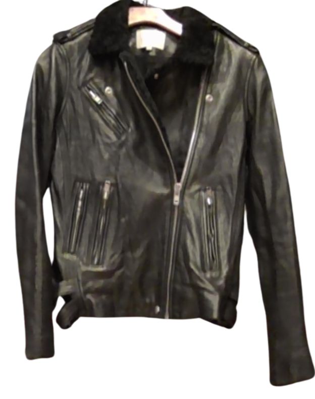 IRO Black Lamb Leather Fuzzy Collar Jacket, 42