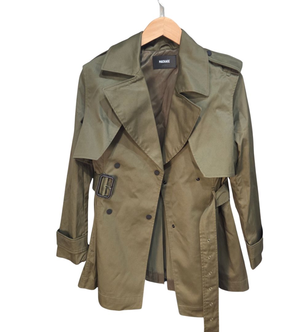 Mackage Olive Green Double Breasted Belted Trench Coat, S