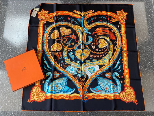 Hermès Black Orange Carré 90 De Tout Coeur by Zoe Pauwels Scarf, 90cm (HAS BOX)