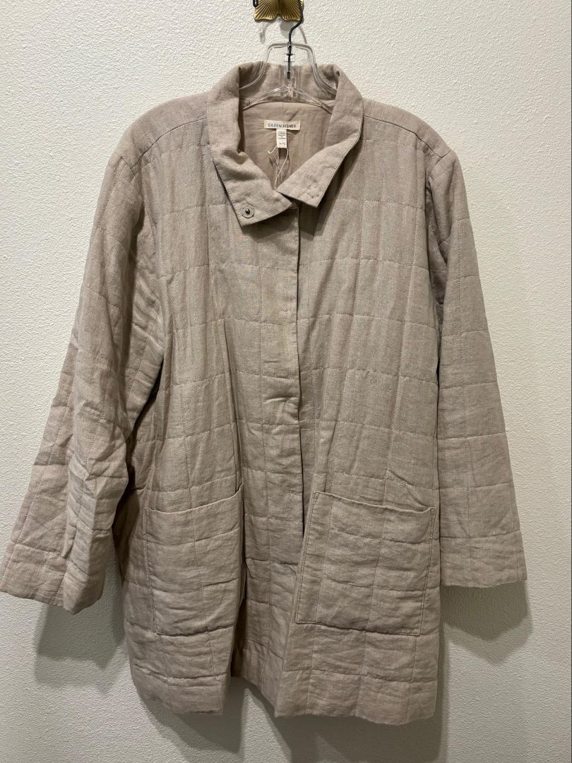 Eileen Fisher Beige Quilted Snap-Front Padded Organic Linen Jacket, XL