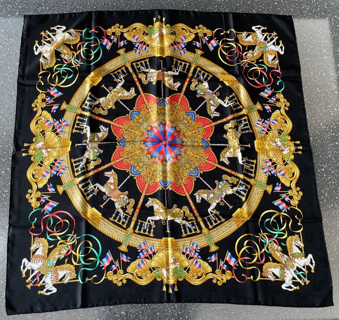 Hermès Black & Multi-Color Scarf Luna Park by Joachim Metz, 90cm
