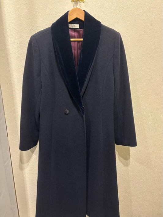 I. Magnin Dark Blue Long Winter Wool Coat with Velvet Collar, 14