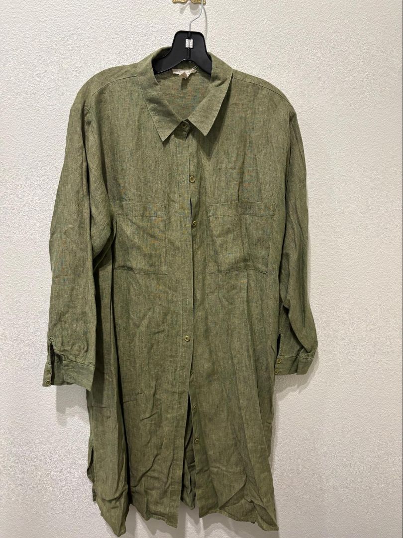 Eileen Fisher Green 100% Organic Linen Midi Shirtdress, XL