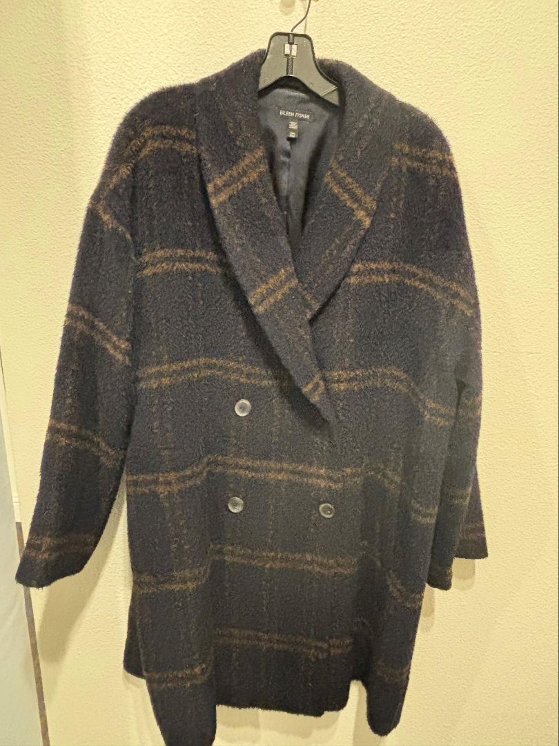 Eileen Fisher Navy & Brown Alpaca Plaid Oversize Peacoat, S/M